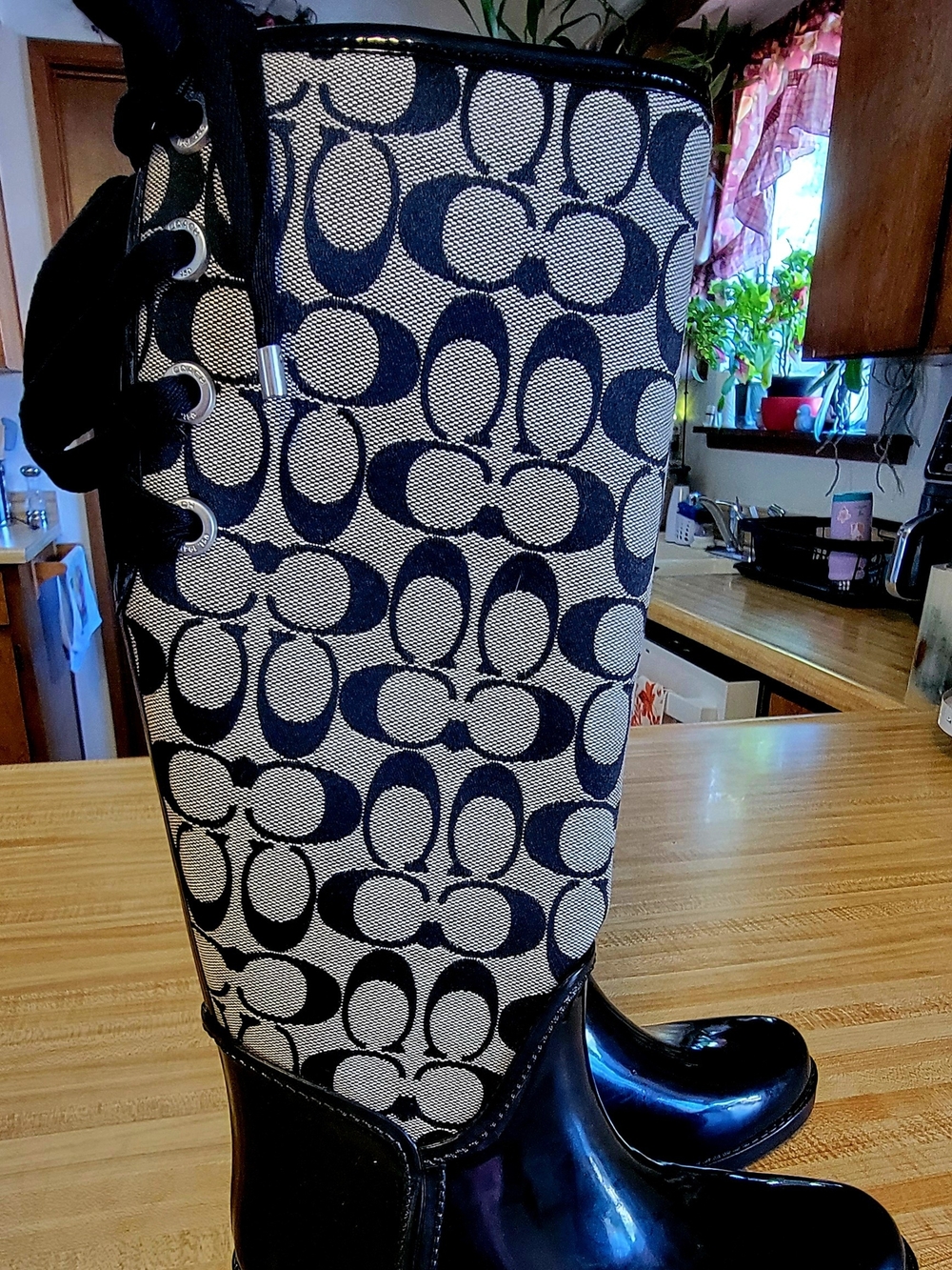 COACH TRISTEE ICONIC SIGNATURE CANVAS LACE UP CORSET RAIN BOOTS